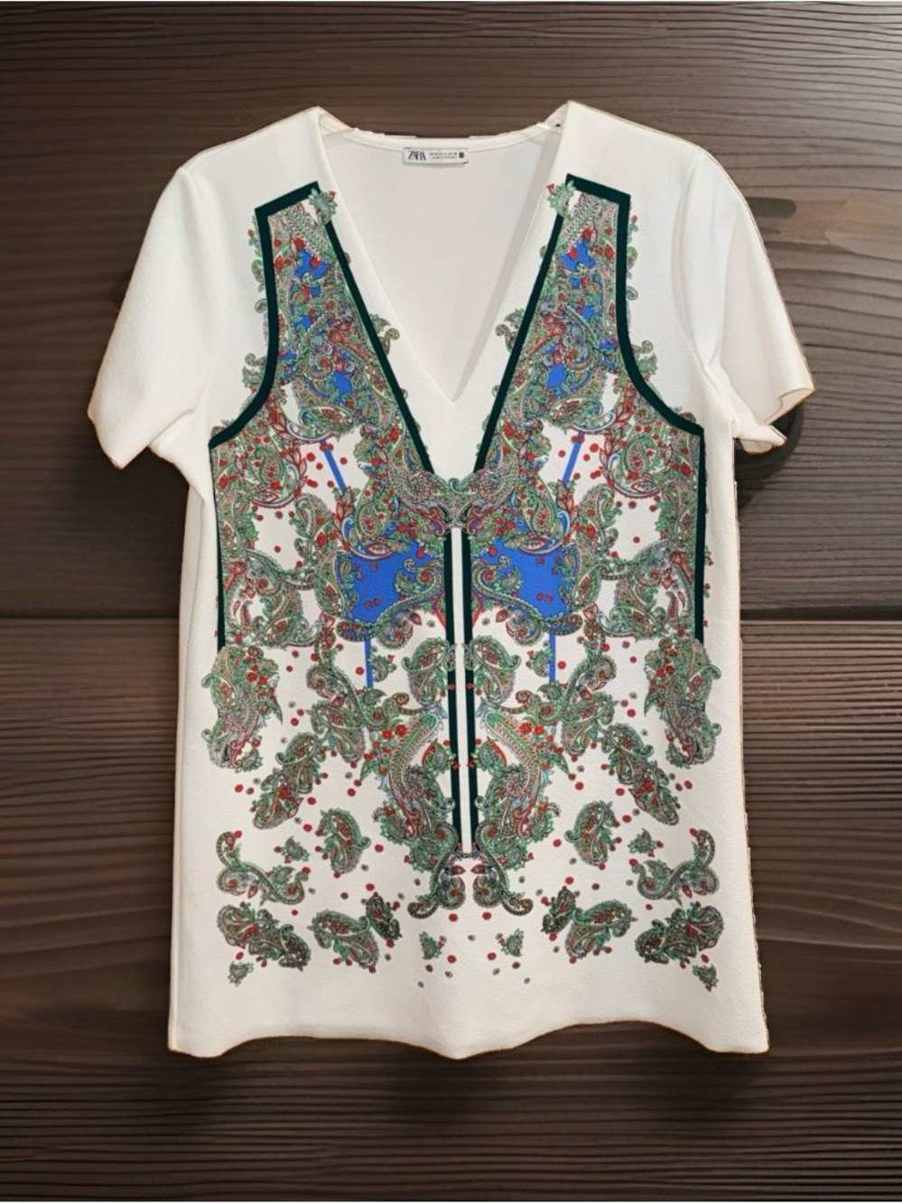 ZARA White Paisley V-Neck Textured Tunic Dress w/Green Trim & Blue Accents-M-EC